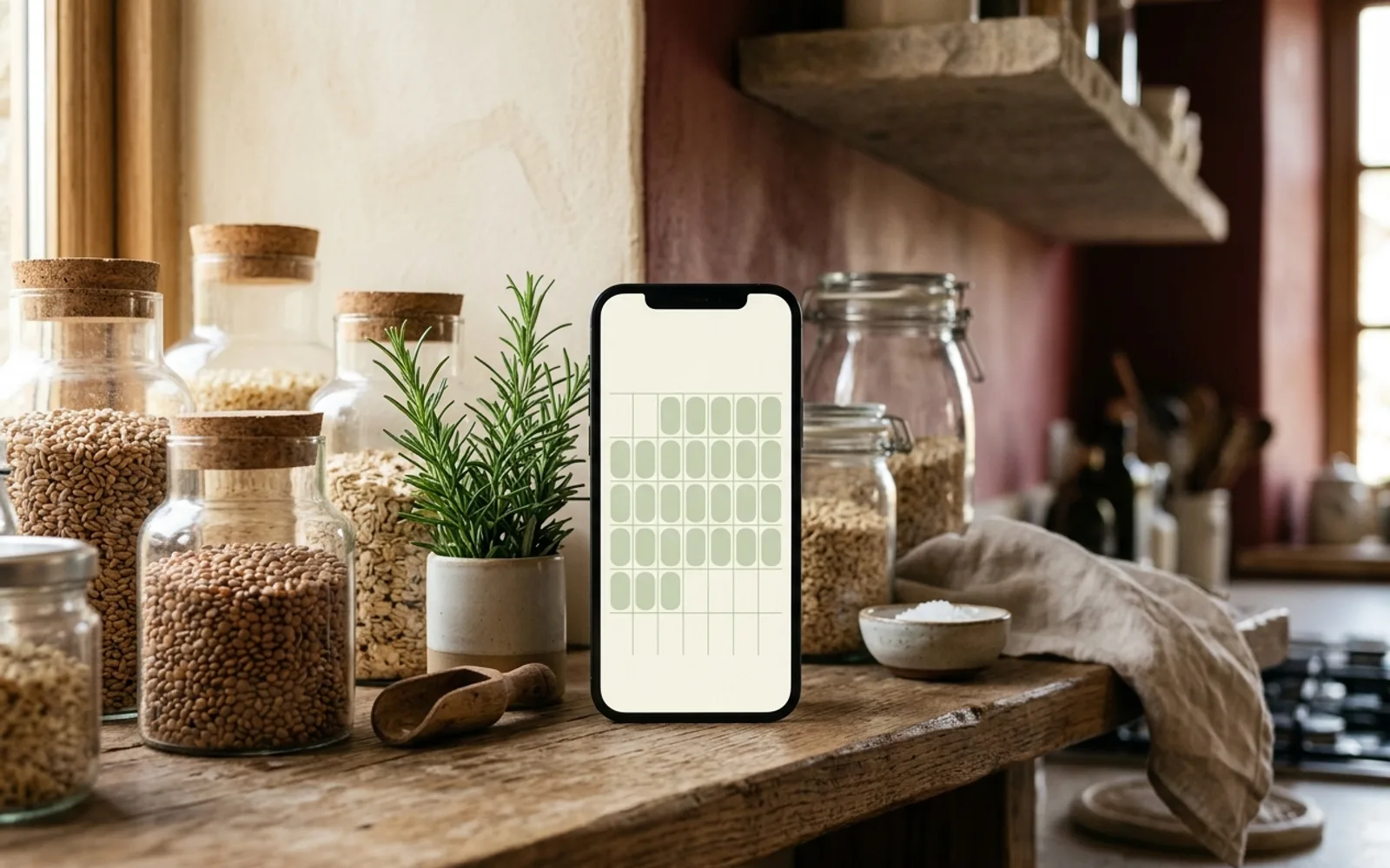 A phone on a kitchen shelf showing an abstract weekly planning layout.