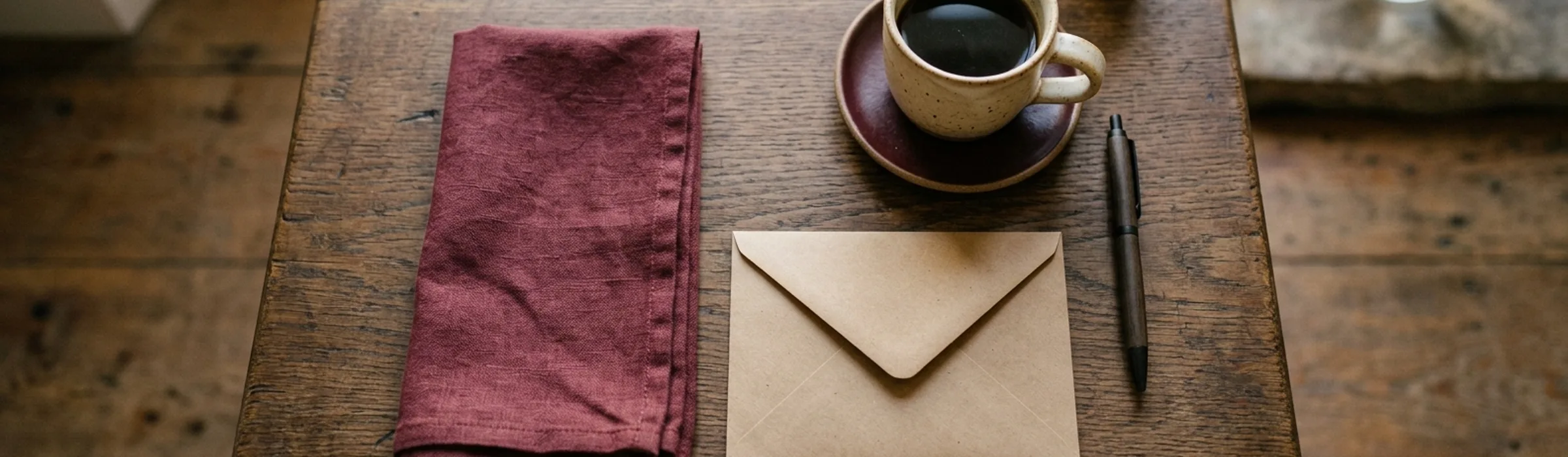 A wooden table with a linen napkin, a kraft envelope, a cup of coffee and a pen.