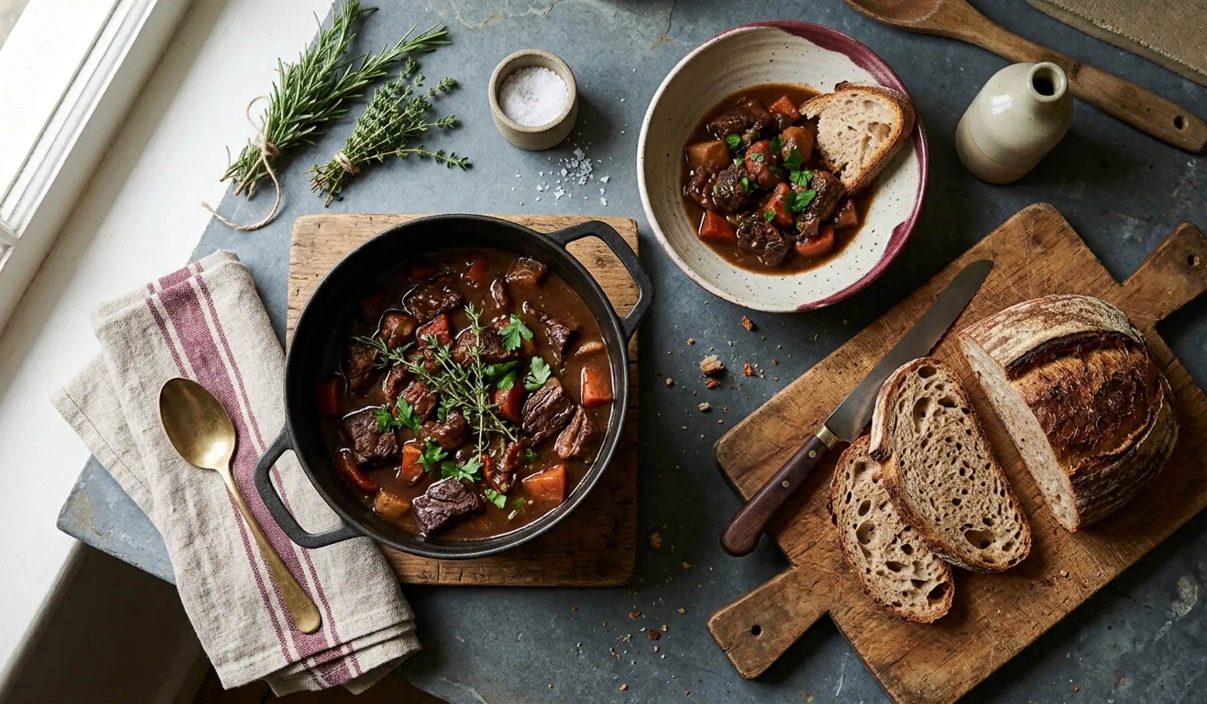 A cast-iron pot of braised beef on a kitchen worktop beside bread and fresh herbs.