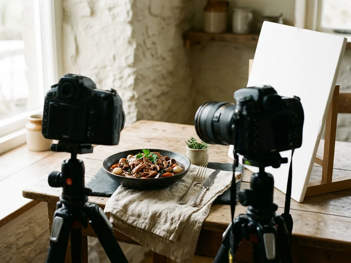 A food photography setup: a plated slow-cooker dish, a camera on a tripod, a reflector.