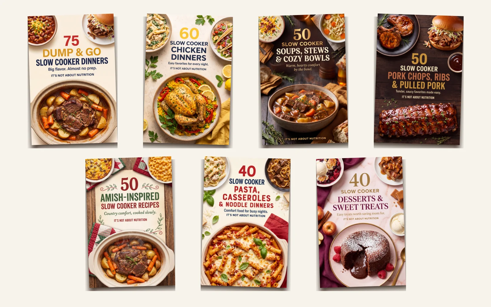 The seven covers of The Slow Cooker Dinner Collection.