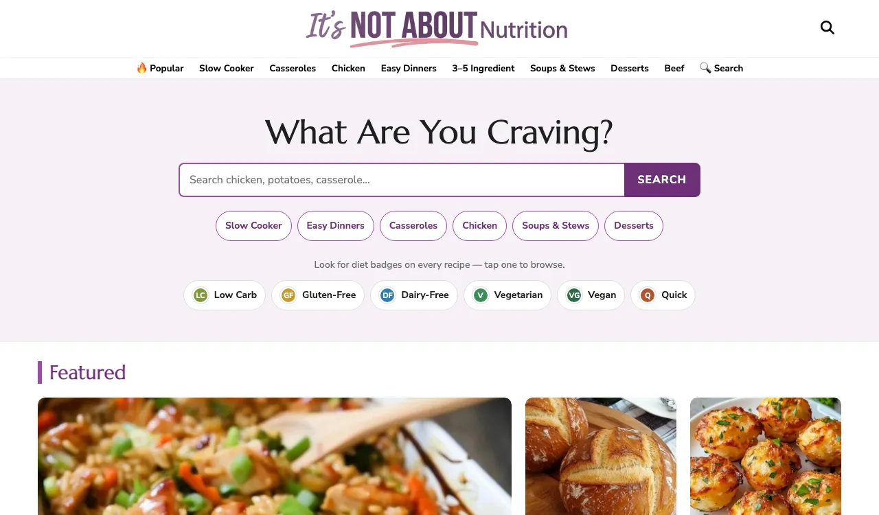 Screenshot of the itsnotaboutnutrition.com home page.