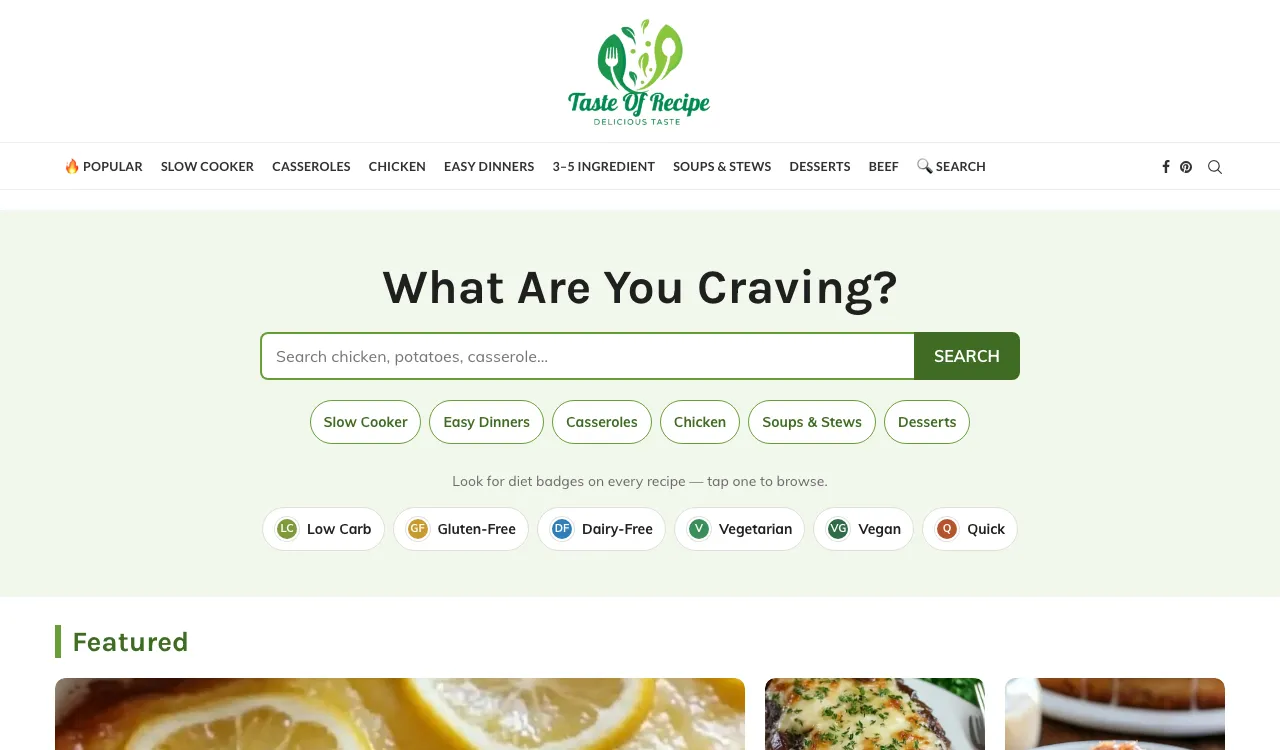 Screenshot of the tasteofrecipe.net home page.