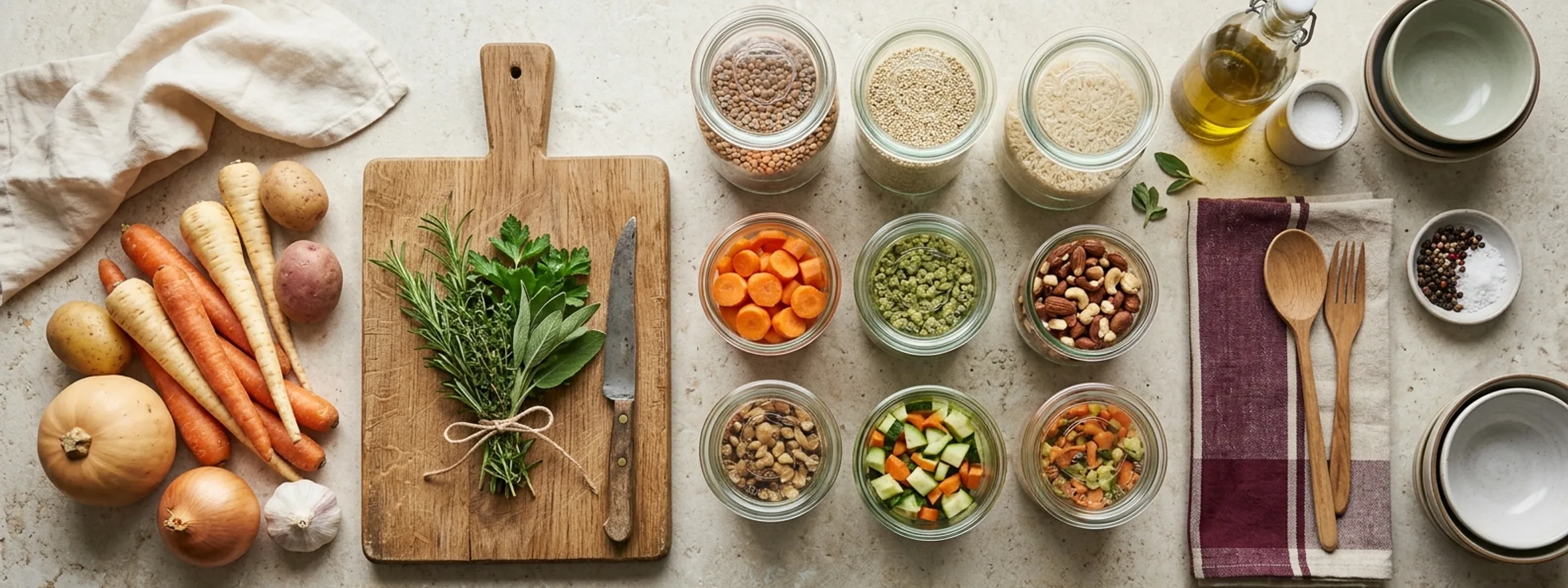 Ingredients for a week of dinners laid out in glass containers on a pale stone surface.